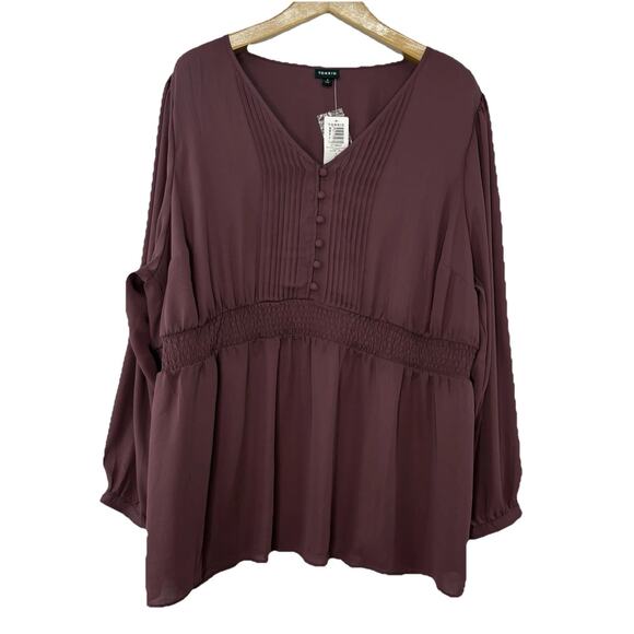 Torrid‎ Sz 4 (26/28) Wine Baby Doll Georgette Pintuck Long Sleeve Sheer Blouse - Picture 1 of 6